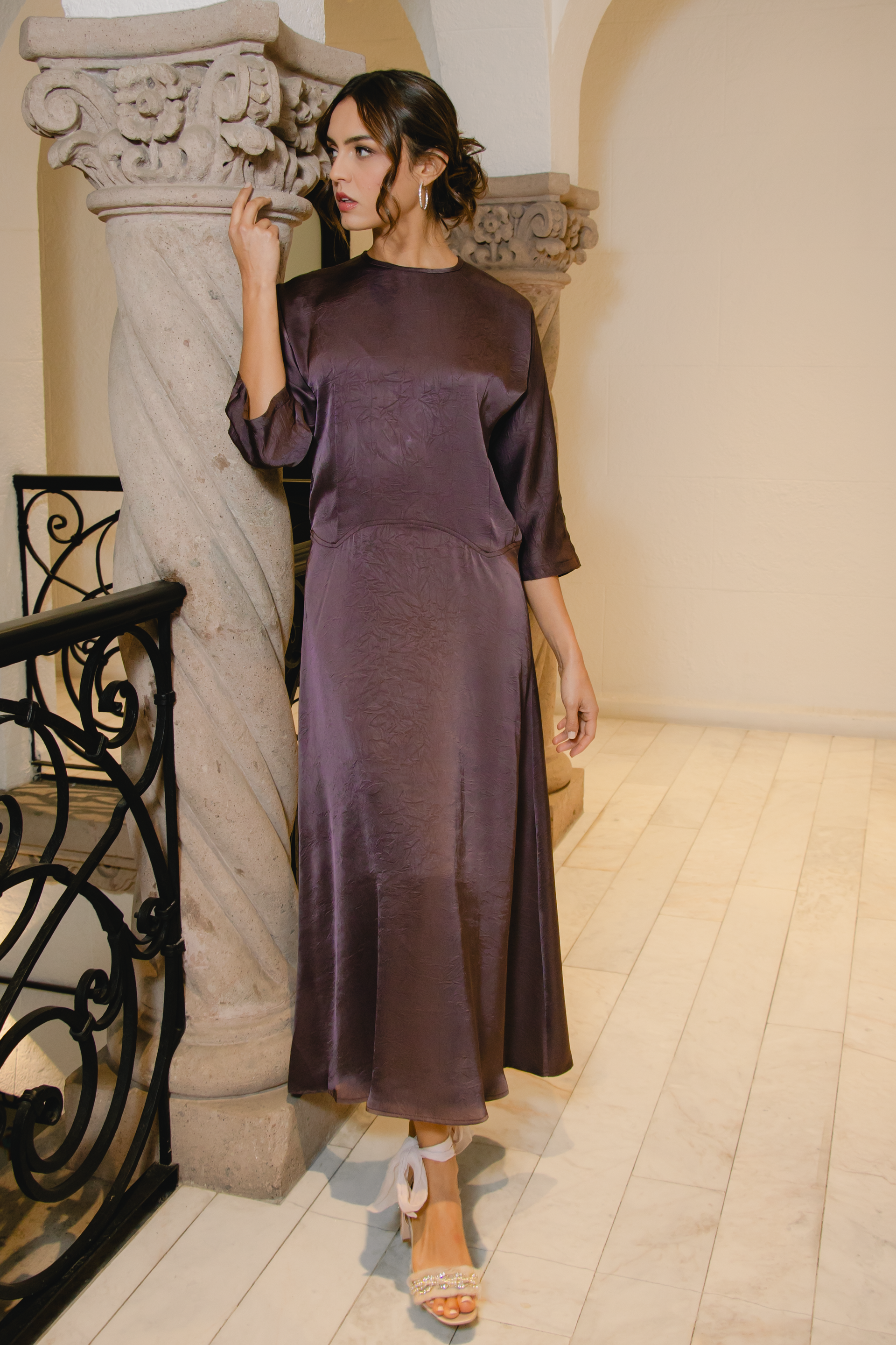 crushed satin dress Crushed Satin Print Midi Dress